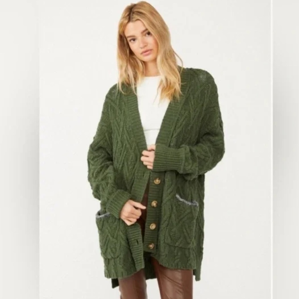 Free People Dark Green Cable Knit Cardigan